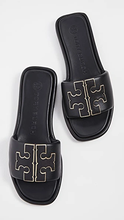 Tory Burch Double T Leather Slides In Perfect Black/gold