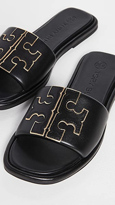 Tory Burch Double T Leather Slides In Perfect Black/gold