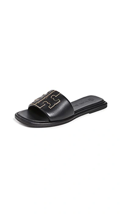 Tory Burch Double T Leather Slides In Perfect Black/gold