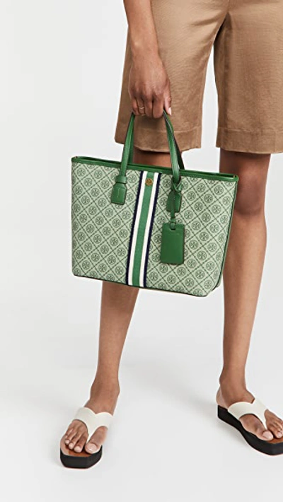 Shop Tory Burch T Monogram Coated Canvas Small Tote In Arugula