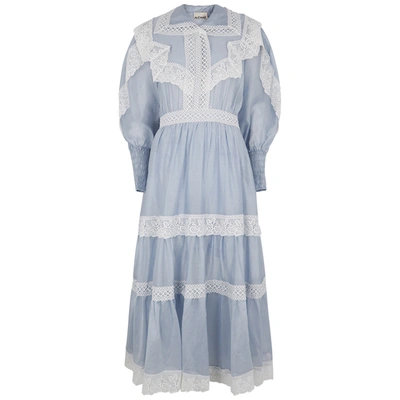 Shop Alemais Mara Blue Lace-trimmed Cotton-blend Dress In Light Blue
