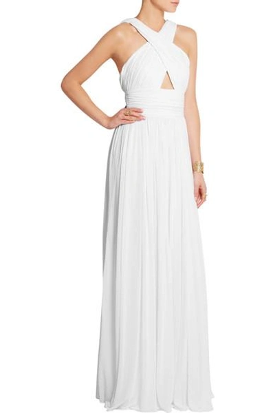 Shop Michael Kors Cutout Pleated Stretch-jersey Gown In White