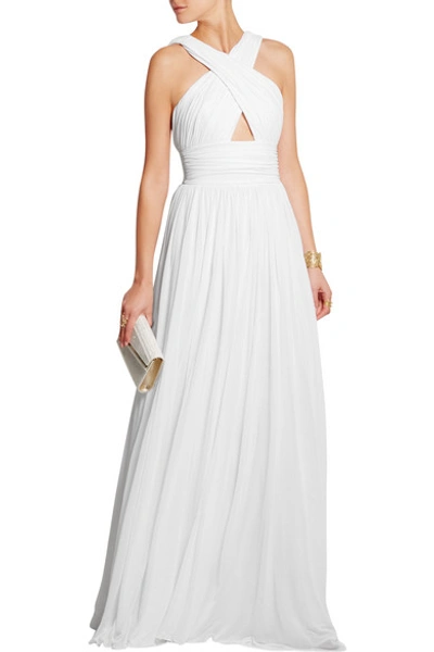 Shop Michael Kors Cutout Pleated Stretch-jersey Gown In White