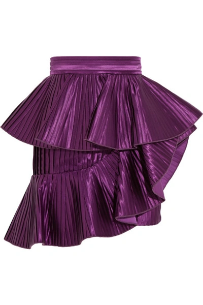 Shop Balmain Ruffled Plissé-satin Mini Skirt In Purple