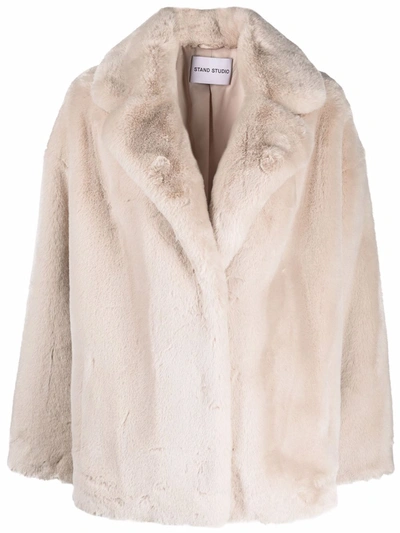 Stand Studio Notched-lapels Faux-fur Coat In Neutrals