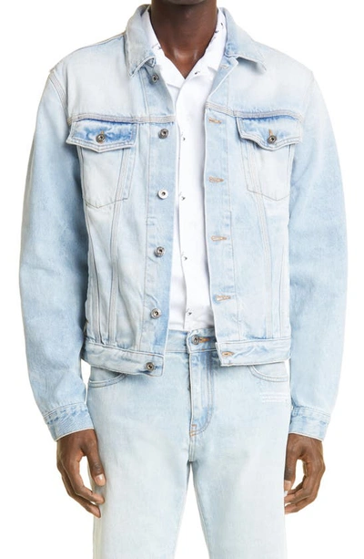 Shop Off-white Arrow Slim Denim Trucker Jacket In Bleach Blue White
