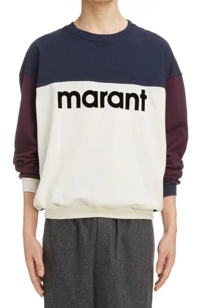 Shop Isabel Marant Aftone Flocked Logo Colorblock Sweatshirt In Faded Black