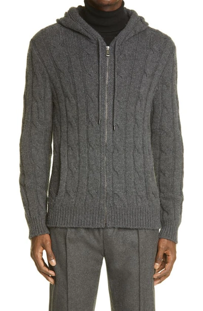 Shop Ralph Lauren Cable Knit Cashmere Hoodie In Dark Grey Melange