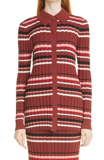 Shop Adam Lippes Stripe Rib Cotton Blend Shirt In Poppy Multi Stripe Popms