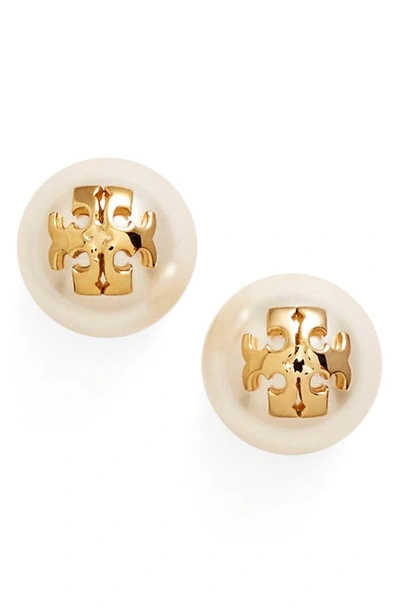 Shop Tory Burch Swarovski Crystal Pearl Logo Stud Earrings In Ivory/ Shiny Gold
