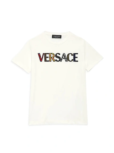 Shop Versace Little Kid's & Kid's La Greca Logo T-shirt In White Multicolor