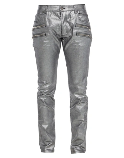 Shop Balmain Man Jeans Silver Size 32 Cotton, Elastane