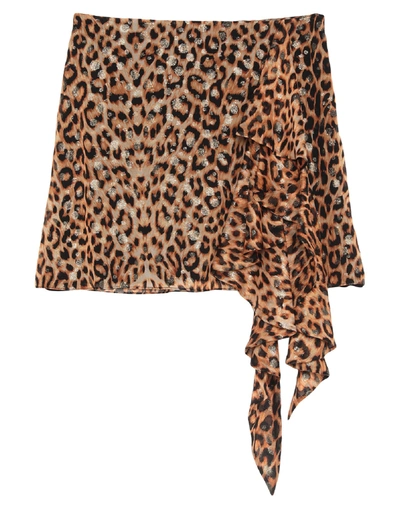 Shop Celine Woman Mini Skirt Camel Size 8 Silk, Metallic Fiber, Polyamide In Beige