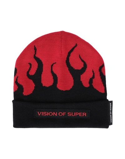 Shop Vision Of Super Black Beanie With Flames Man Hat Red Size Onesize Wool, Acrylic
