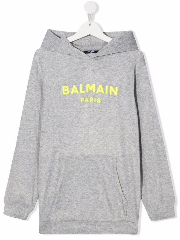 Balmain Velour Hoodie W/ Logo In Gray | ModeSens
