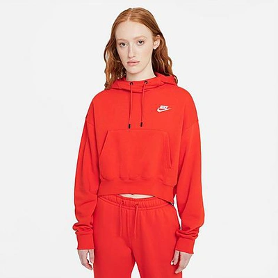 Shop Nike Women's Sportswear Essential Zipper Cropped Fleece Hoodie In Chile Red/white