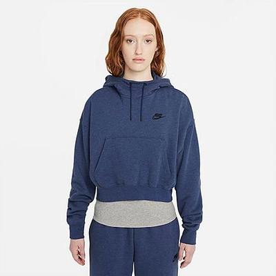 Shop Nike Women's Sportswear Essential Zipper Cropped Fleece Hoodie In Midnight Navy/heather/black