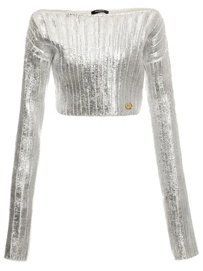 Shop Balmain Cropped Metallic Sweater Silver