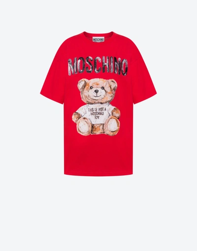 Shop Moschino Painted Teddy Bear Jersey T-shirt In Red