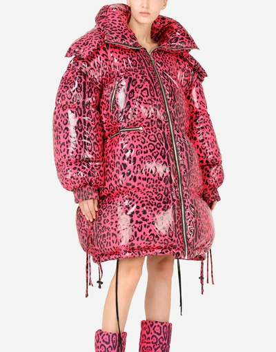 Shop Dolce & Gabbana Foiled Satin Down Jacket With Neon Leopard Print In Multicolor
