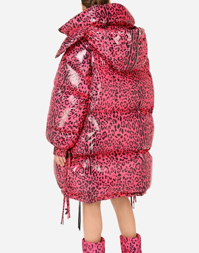Shop Dolce & Gabbana Foiled Satin Down Jacket With Neon Leopard Print In Multicolor