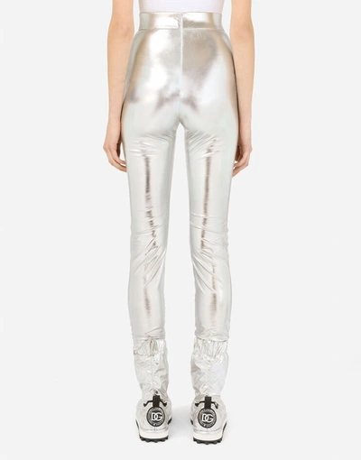 Shop Dolce & Gabbana Foiled Jersey Leggings With Draping In Silver