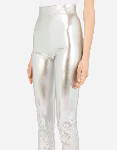 Shop Dolce & Gabbana Foiled Jersey Leggings With Draping In Silver