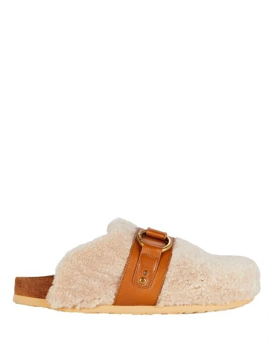 Shop See By Chloé Gema Leather-trimmed Shearling Flat Mules In Beige