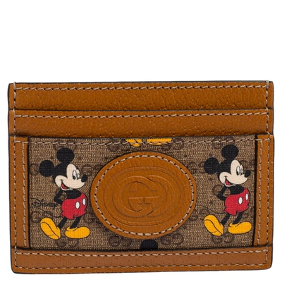 Pre-owned Gucci X Disney Tan Leather And Gg Supreme Canvas Mickey Mouse Card Holder