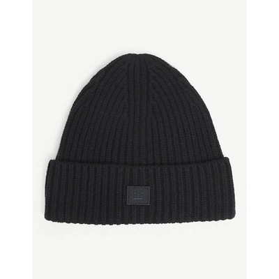 Shop Acne Studios Girls Black Kids Embroidered-face Wool Beanie Hat 8-10 Years