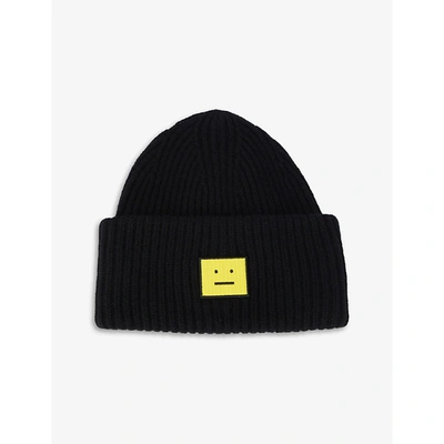 Shop Acne Studios Womens Black Face Logo-patch Wool Beanie Hat