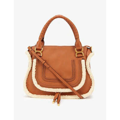 Shop Chloé Marcie Small Shearling-trim Leather Shoulder Bag In Tan