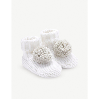 Shop The Little White Company White Pompom-embellished Cotton-knit Booties 0-12 Months