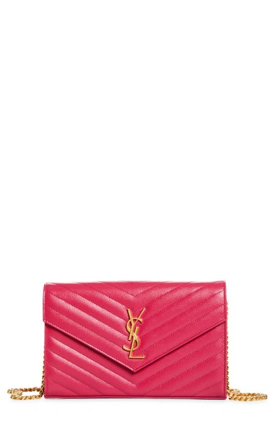 Shop Saint Laurent Cassandre Matelassé Leather Wallet On A Chain In Fuxia Couture