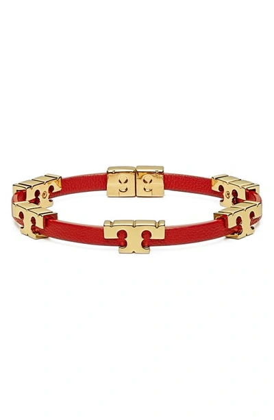 Shop Tory Burch Serif-t Croc Embossed Bangle In Tory Gold / Roma Red