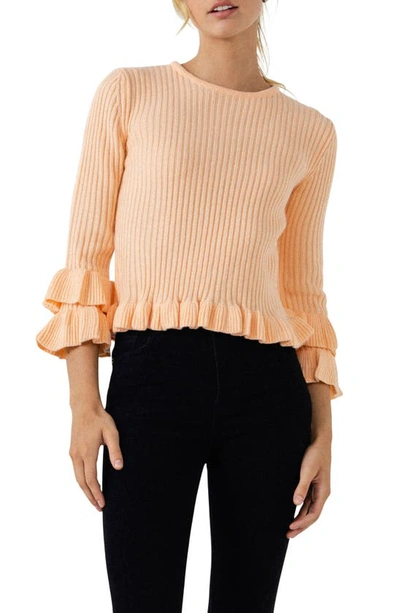 Shop English Factory Rib Ruffle Edge Sweater In Pink