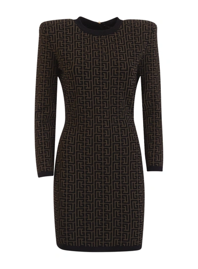 Shop Balmain Monogram-jacquard Wool Dress In Light Denim