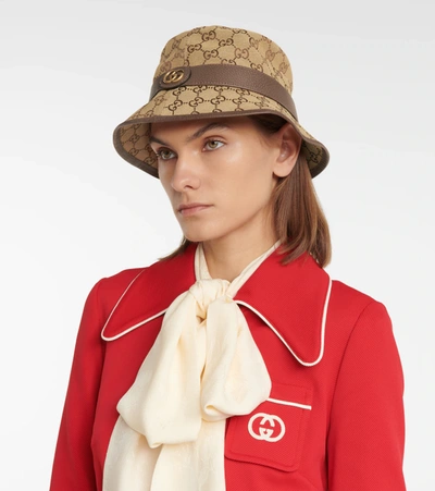 Gucci Bucket Hat With Signature Logo Patterntrim In Brown