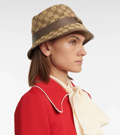 Gucci Bucket Hat With Signature Logo Patterntrim In Brown