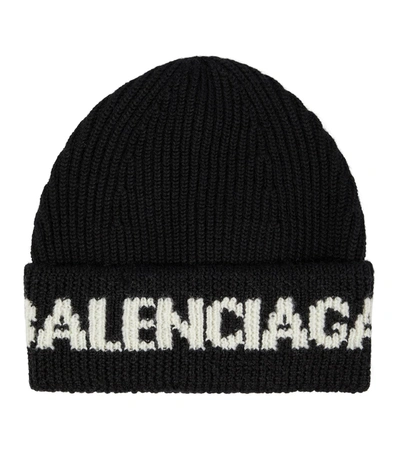 Shop Balenciaga Logo Ribbed Wool-blend Beanie In Black