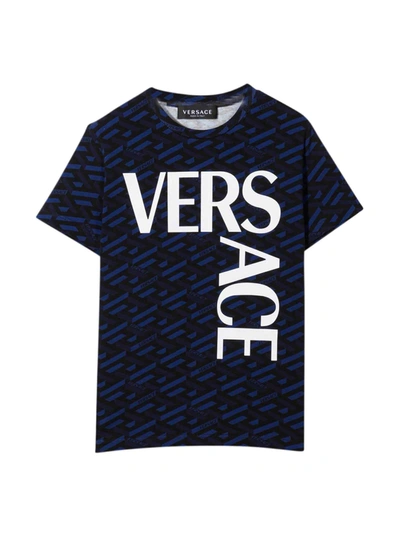 Shop Versace Blue And Black T-shirt With Print And Logo Verscae Kids In Blu/nero