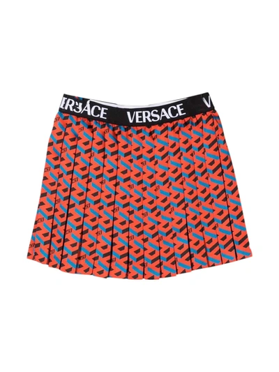 Shop Versace Pleated Skirt With Kids Print In Arancio/blu