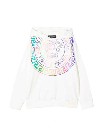 Shop Versace White Sweatshirt With Hood And Multicolor Print Kids