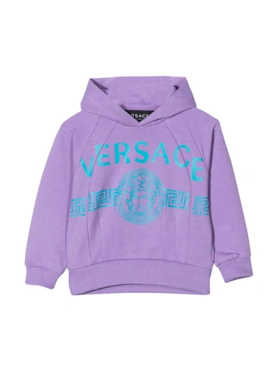 Shop Versace Purple Sweatshirt With Hood And Light Blue Print Kids In Lilla/turchese