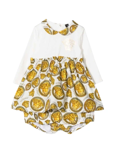 Shop Versace White Dress With Medusa Print Kids In Bianco/oro