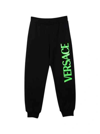 Shop Versace Black Trousers With Green Print Kids In Nero/verde