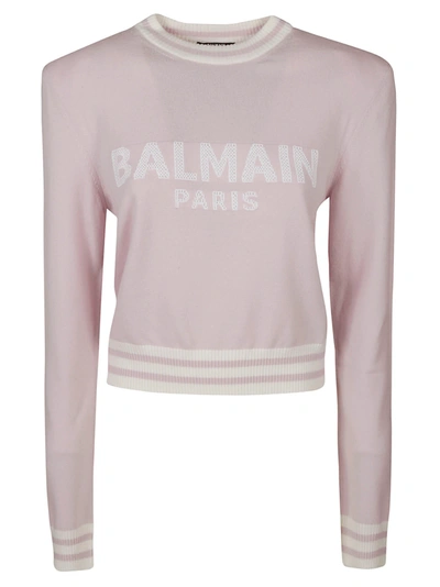 Shop Balmain Stripe Trimmed Logo Sweater In Pink