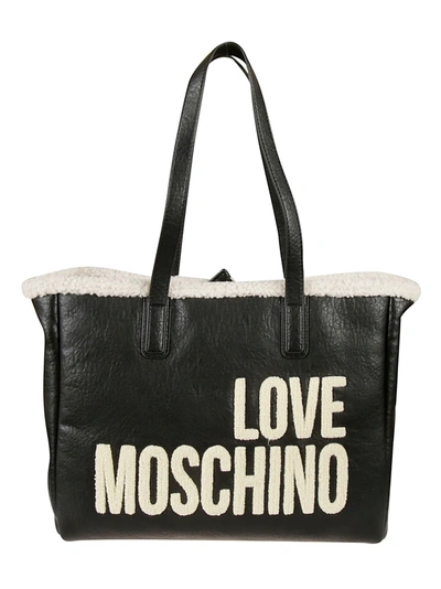 Shop Love Moschino Fur Trimmed Logo Tote In Black