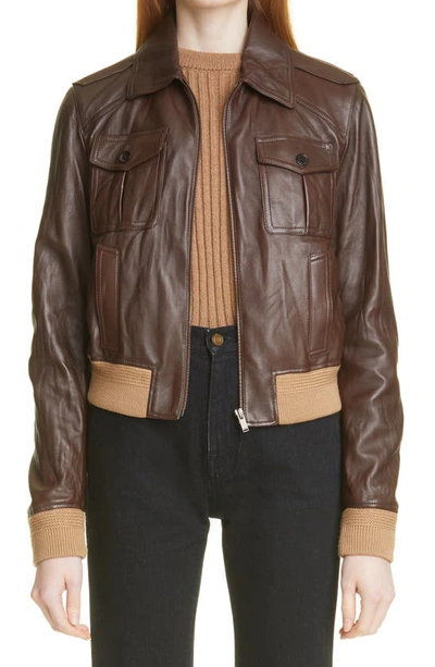 Shop Saint Laurent Patch Pocket Leather Bomber Jacket In 2424 Brun Fauve