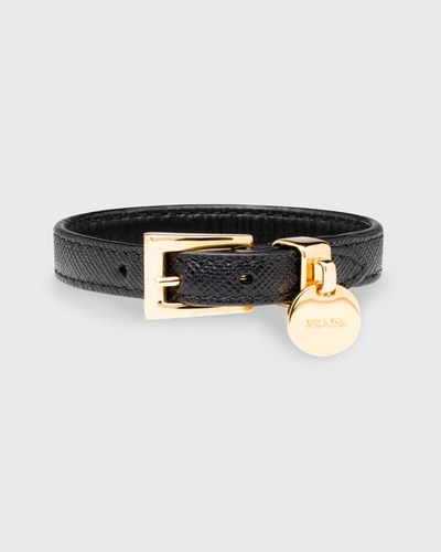 Shop Prada Leather Belt Bracelet In Black
